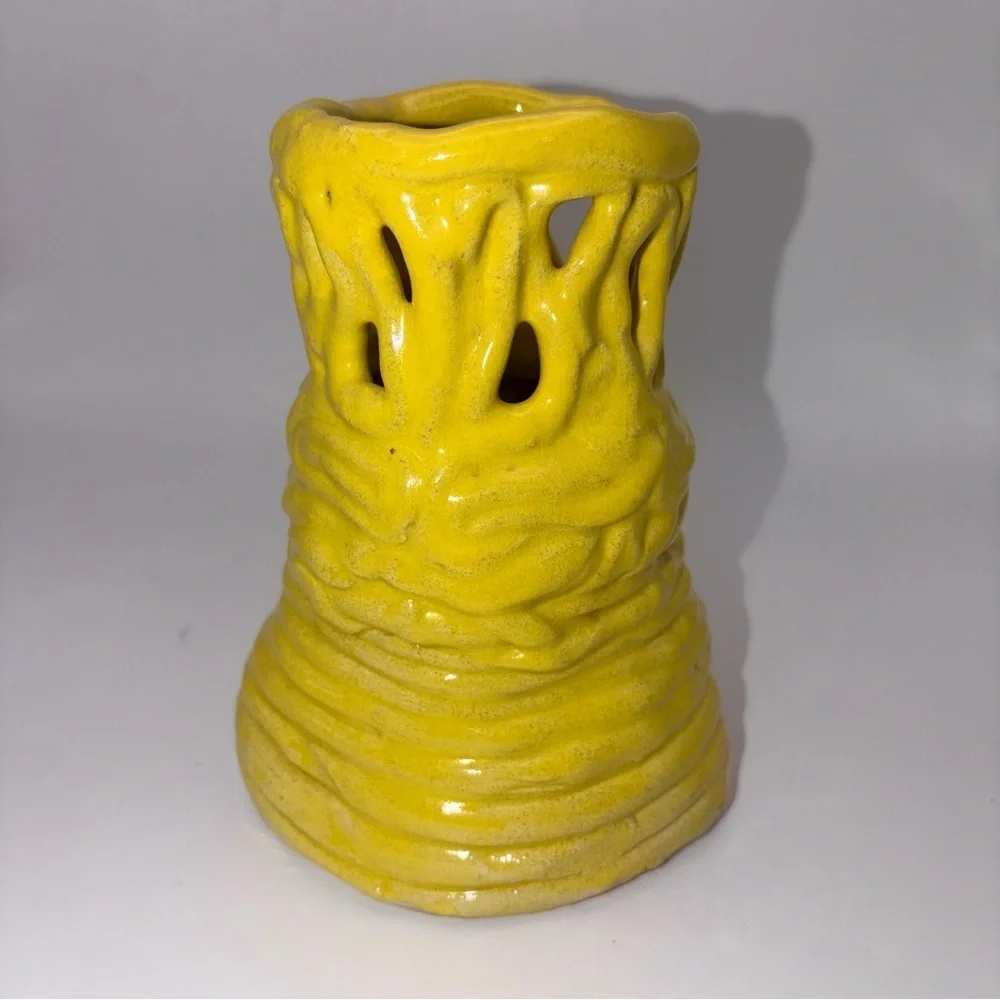 Handmade Yellow Drip Glaze Basket Ceramic Vase / Sculptural Art Pottery - Signed